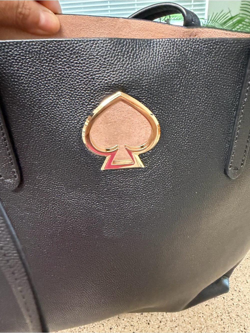 kate spade Black Leather Tote with Gold Spade Emblem and Tan Accent